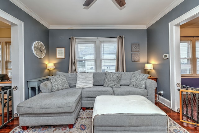 living area featuring baseboards, wood finished floors, ceiling fan, and ornamental molding