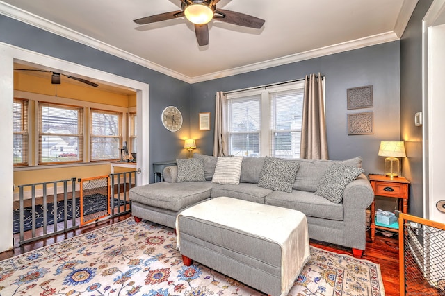 living area with wood finished floors, ornamental molding, and a ceiling fan