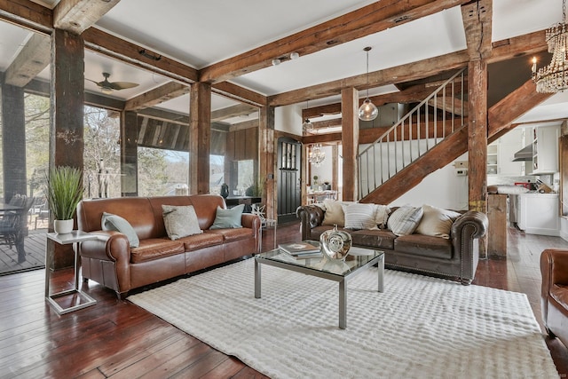 5 Deerfield Rd, Wilton, CT 06897 - living room with hardwood / wood-style flooring, stairs, a chandelier, beam ceiling, and a ceiling fan