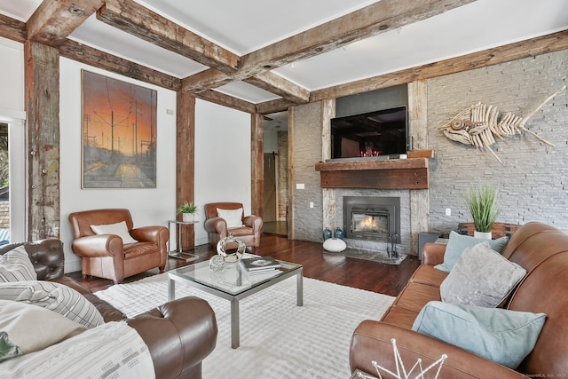 5 Deerfield Rd, Wilton, CT 06897 - living room with wood finished floors, a stone fireplace, beamed ceiling, and coffered ceiling
