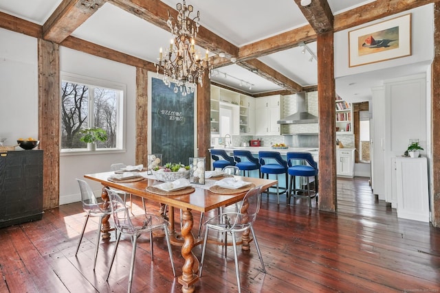5 Deerfield Rd, Wilton, CT 06897 - dining area featuring beam ceiling, dark wood finished floors, a chandelier, and baseboards