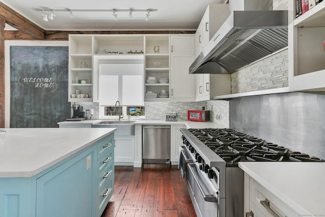 5 Deerfield Rd, Wilton, CT 06897 - kitchen featuring open shelves, stainless steel appliances, wall chimney range hood, a sink, and blue cabinetry