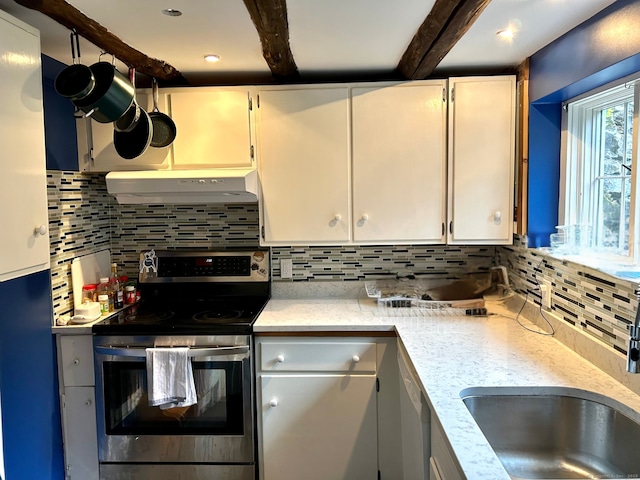 5 Deerfield Rd, Wilton, CT 06897 - kitchen featuring electric range, under cabinet range hood, backsplash, beam ceiling, and white cabinets