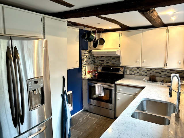 5 Deerfield Rd, Wilton, CT 06897 - kitchen with appliances with stainless steel finishes, under cabinet range hood, a sink, decorative backsplash, and beam ceiling