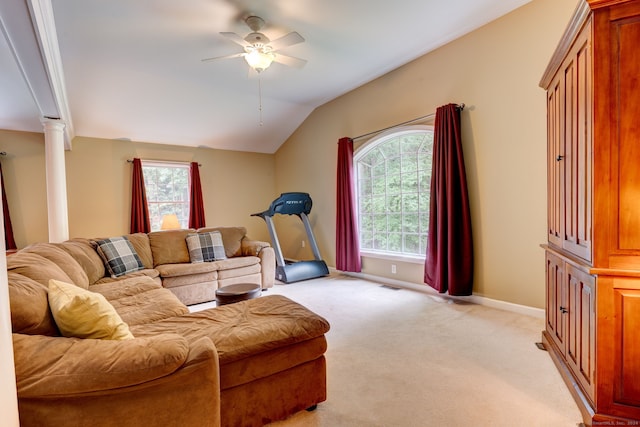 2 Whispering Pines Ln, Goshen, CT 06756 - living room featuring plenty of natural light, light carpet, a ceiling fan, and ornate columns