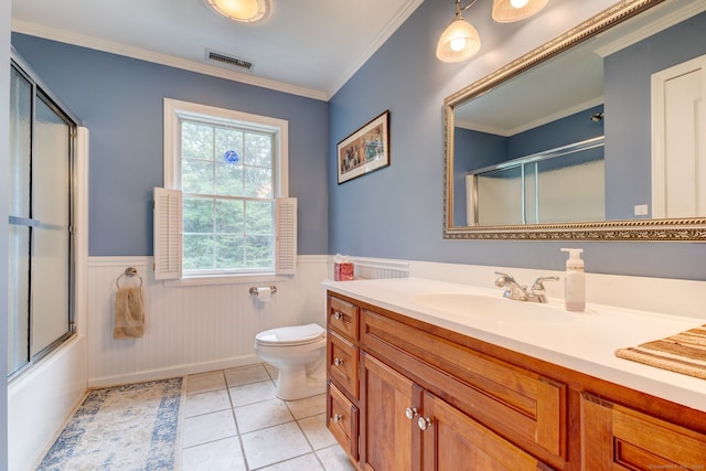 2 Whispering Pines Ln, Goshen, CT 06756 - bathroom with visible vents, crown molding, wainscoting, vanity, and toilet