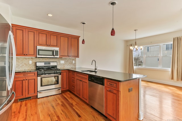 kitchen featuring stainless steel appliances, a peninsula, light wood-style flooring, and a sink