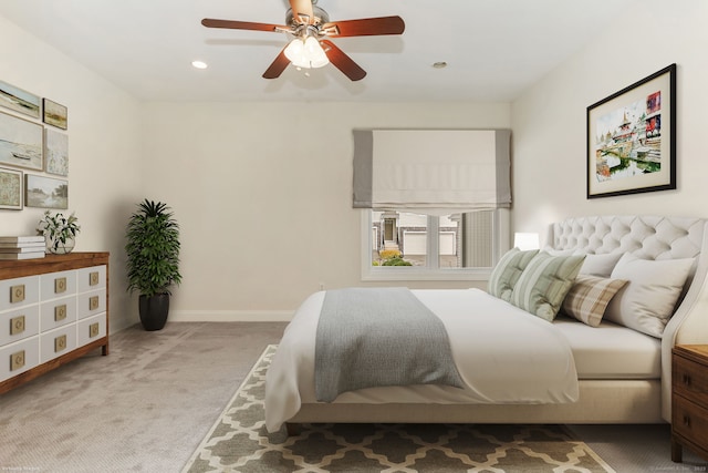bedroom featuring recessed lighting, baseboards, a ceiling fan, and carpet floors