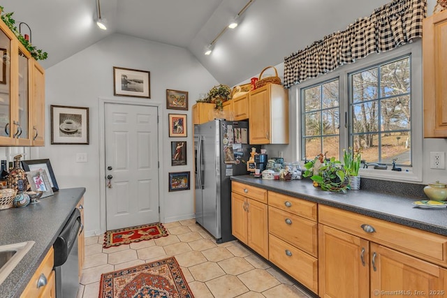 kitchen with dark countertops, a sink, stainless steel appliances, and lofted ceiling