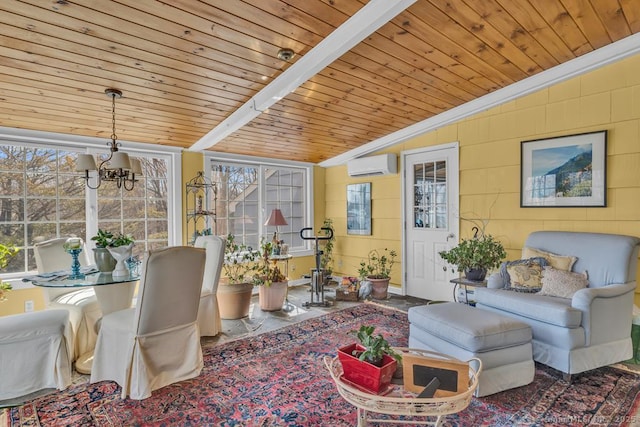 living area featuring vaulted ceiling, a wall mounted AC, wood ceiling, and an inviting chandelier