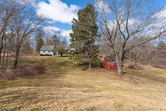 view of yard with an outbuilding and a shed