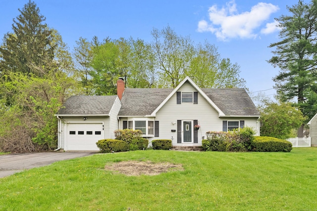 view of front of home with driveway, a chimney, a front lawn, an attached garage, and a shingled roof