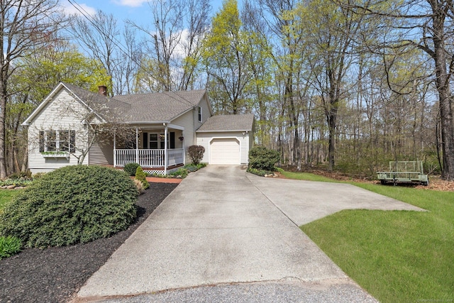 single story home featuring a porch, driveway, a garage, and a chimney