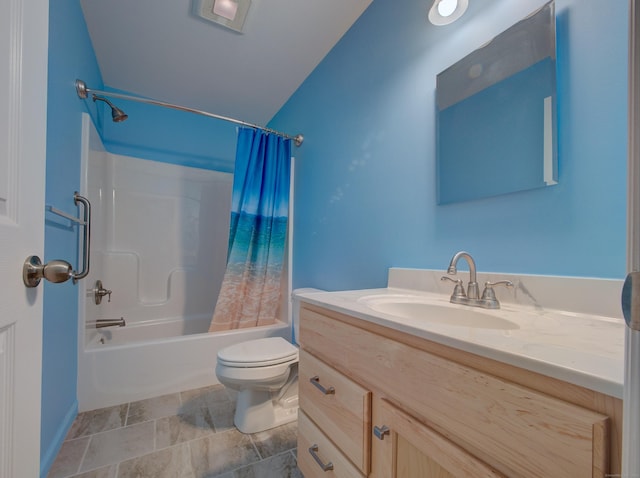 full bath with vanity, lofted ceiling, shower / bath combo with shower curtain, and toilet