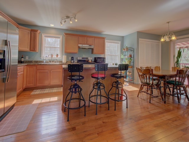 kitchen with an inviting chandelier, a kitchen island, plenty of natural light, under cabinet range hood, and stainless steel appliances