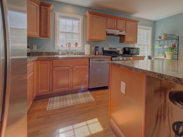 kitchen featuring dark stone counters, under cabinet range hood, a sink, light wood finished floors, and stainless steel appliances