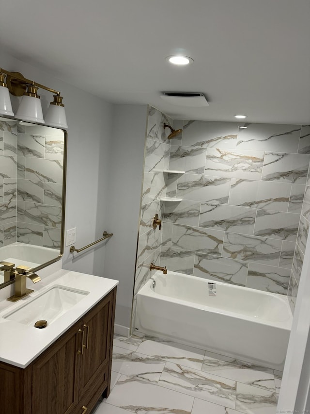 3 Topping Ln, Norwalk, CT 06854 - bathroom with shower / bathtub combination, recessed lighting, vanity, and marble finish floors