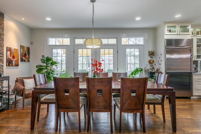 dining space featuring dark wood-style floors and recessed lighting