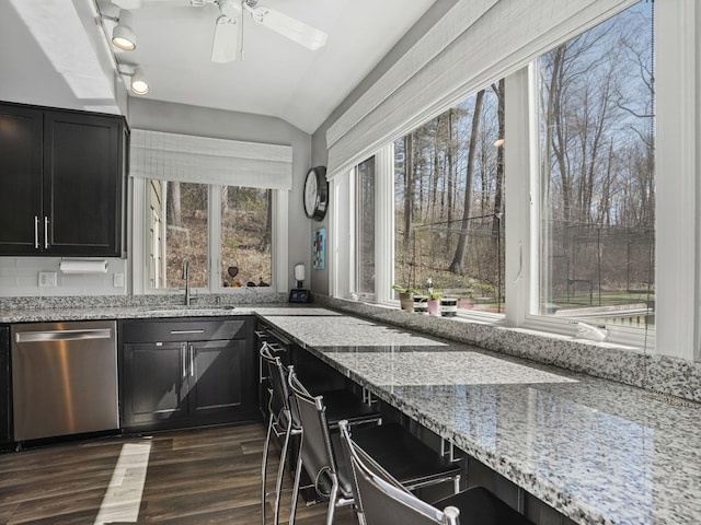 kitchen featuring a sink, light stone countertops, dark cabinetry, stainless steel dishwasher, and lofted ceiling