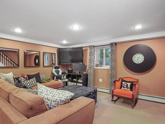 living area featuring a baseboard radiator, carpet, and recessed lighting
