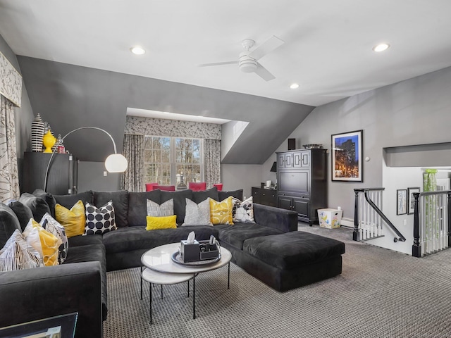 living room featuring lofted ceiling, carpet flooring, ceiling fan, and recessed lighting