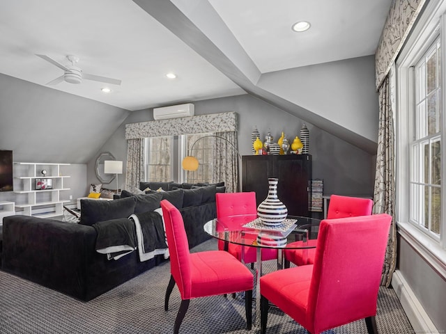 dining room with ceiling fan, a wall mounted air conditioner, a baseboard heating unit, and a healthy amount of sunlight