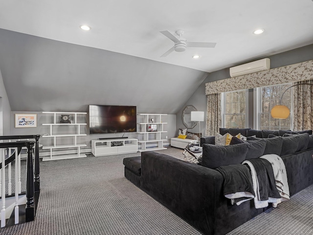carpeted living area with a wall mounted air conditioner, lofted ceiling, recessed lighting, and a ceiling fan