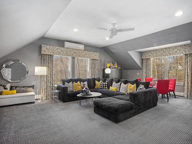 carpeted living area with a wealth of natural light, an AC wall unit, vaulted ceiling, and ceiling fan