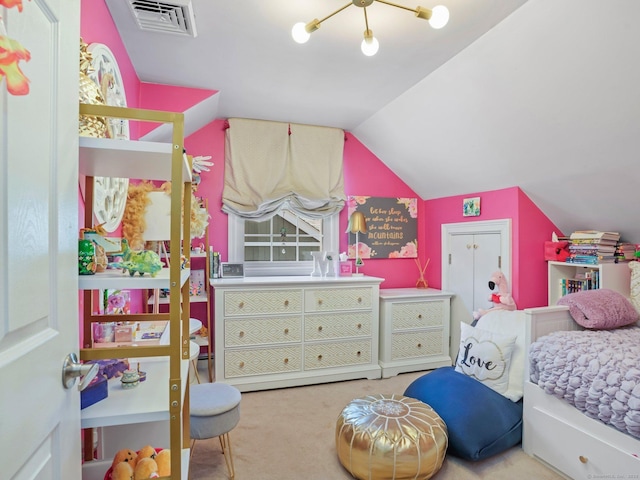 bedroom featuring visible vents, carpet flooring, and vaulted ceiling