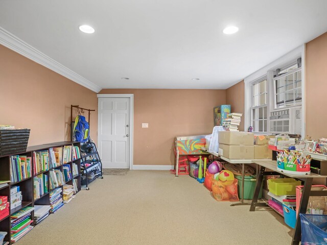 game room featuring carpet flooring, ornamental molding, baseboards, and recessed lighting
