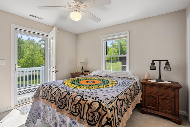 bedroom featuring carpet, access to outside, and ceiling fan