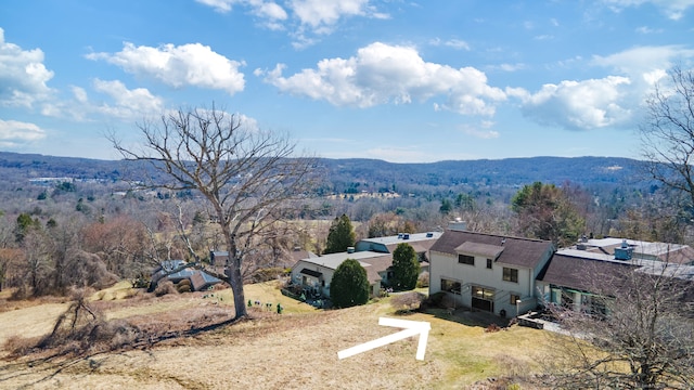 drone / aerial view with a wooded view