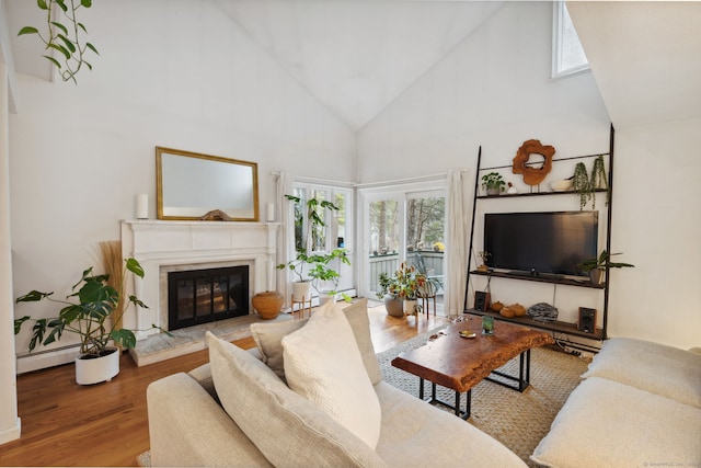8 Lyle Ct Unit J, Farmington, CT 06032 - living area featuring wood finished floors, healthy amount of natural light, a premium fireplace, high vaulted ceiling, and baseboard heating