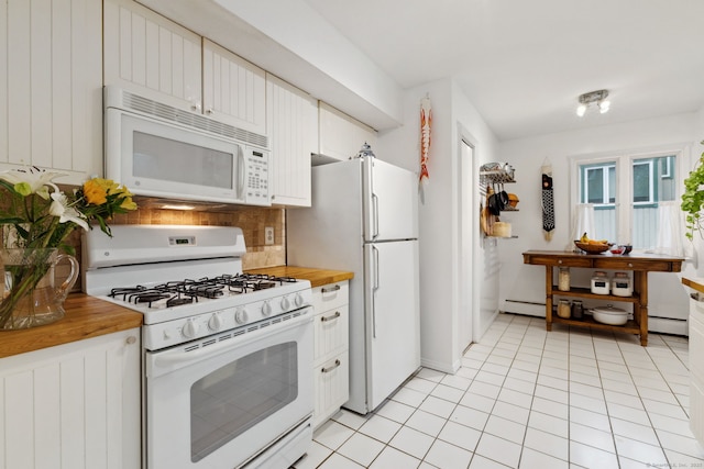 8 Lyle Ct Unit J, Farmington, CT 06032 - kitchen featuring white appliances, baseboard heating, wooden counters, white cabinetry, and decorative backsplash