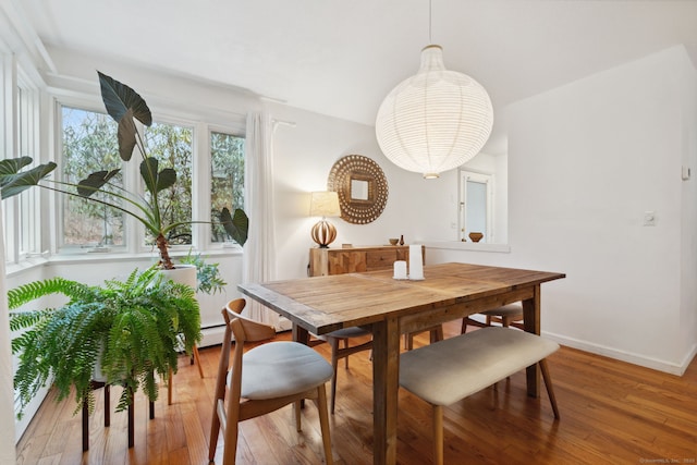8 Lyle Ct Unit J, Farmington, CT 06032 - dining space with light wood-style flooring, baseboards, a chandelier, and a baseboard radiator