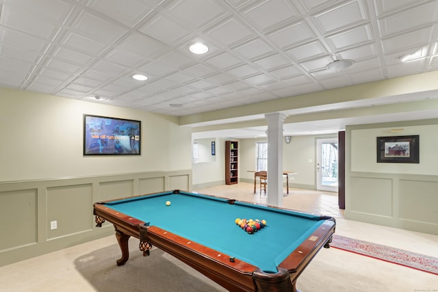 recreation room featuring a decorative wall, pool table, ornate columns, recessed lighting, and light carpet