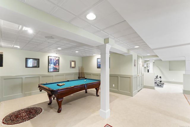 playroom with decorative columns, pool table, carpet, and recessed lighting
