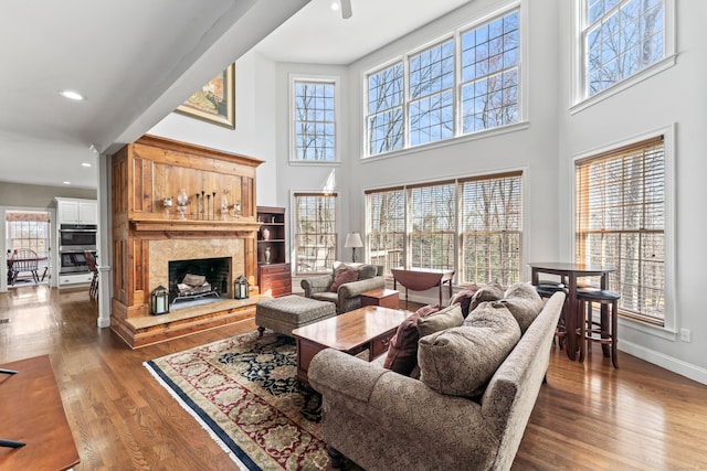living area featuring baseboards, a high ceiling, recessed lighting, wood finished floors, and a premium fireplace