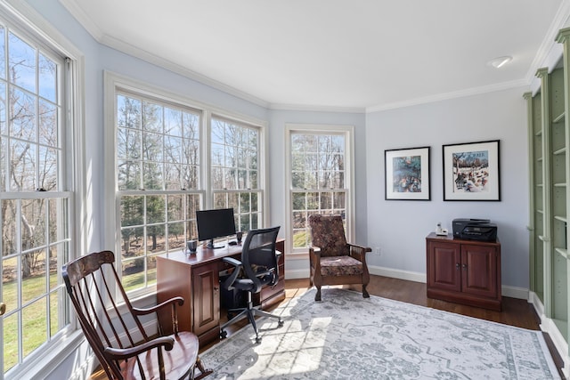 home office with ornamental molding, baseboards, and wood finished floors
