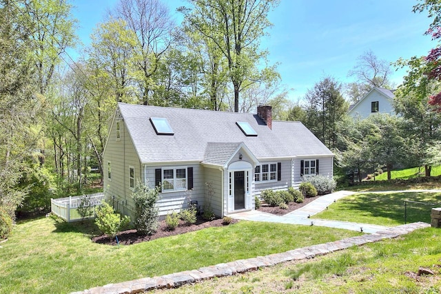 view of front of home featuring roof with shingles, a front lawn, and a chimney