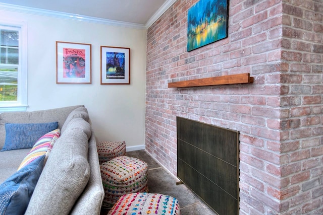 living room with a fireplace, crown molding, carpet, and baseboards