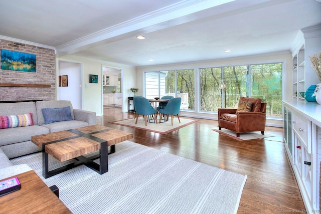 living room with plenty of natural light, wood finished floors, and ornamental molding