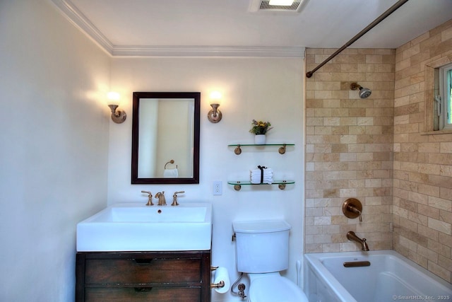 bathroom featuring toilet,  shower combination, visible vents, vanity, and ornamental molding