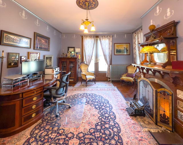 1063 Main St, South Windsor, CT 06074 - home office featuring radiator, a chandelier, crown molding, and wood finished floors