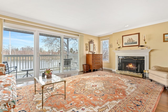 123 Harbor Dr Apt 411, Stamford, CT 06902 - living room featuring a water view, a lit fireplace, ornamental molding, and wood finished floors