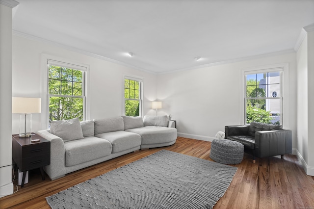 169 High Meadow Ln, Groton, CT 06355 - living room featuring crown molding, plenty of natural light, wood finished floors, and baseboards