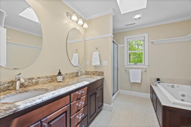 169 High Meadow Ln, Groton, CT 06355 - bathroom featuring double vanity, a shower stall, tile patterned floors, a whirlpool tub, and ornamental molding