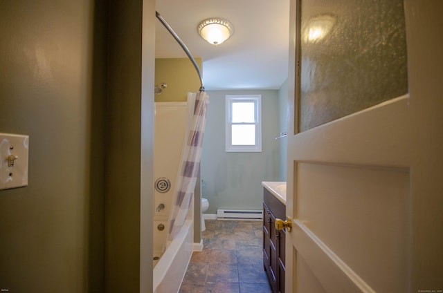 93 Broad St, Norwich, CT 06360 - bathroom with baseboard heating, vanity, shower / bath combination with curtain, toilet, and baseboards