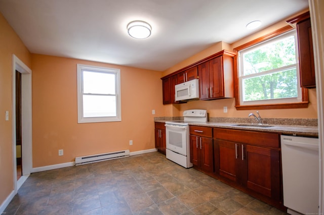 93 Broad St, Norwich, CT 06360 - kitchen with white appliances, a sink, a baseboard radiator, and plenty of natural light