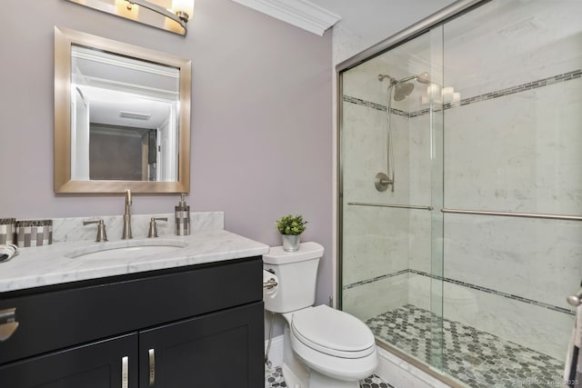 158 N Seir Hill Rd, Norwalk, CT 06850 - bathroom with toilet, visible vents, a shower stall, vanity, and ornamental molding